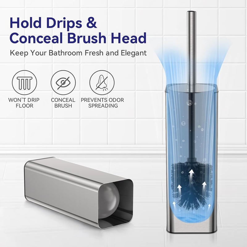 DOWRY Stainless Steel Toilet Bowl Brush and Holder for Bathroom Storage Organization Deep Cleaning Covered Brush Cleaner,Nickel Square - Image 4